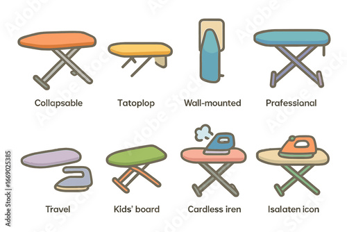 Colorful Ironing Board Icons. Flat vector mini-illustrations ironing board types in colors children's illustrations: collapsible