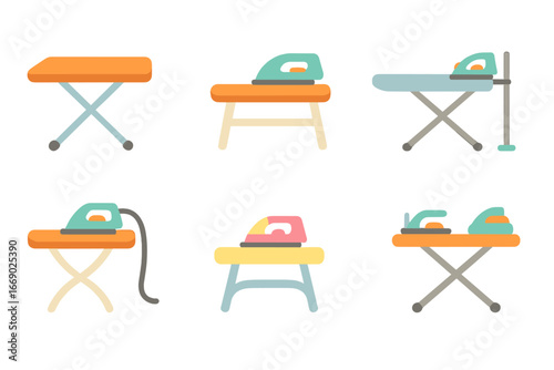 Colorful Ironing Board Icons. Flat vector mini-illustrations ironing board types in colors children's illustrations: collapsible