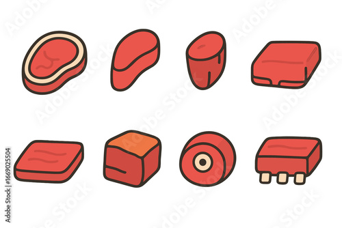 Colorful Meat Cuts Icons. Flat vector mini-illustrations meat cuts in colors children's illustrations: ribeye, sirloin, tenderloin