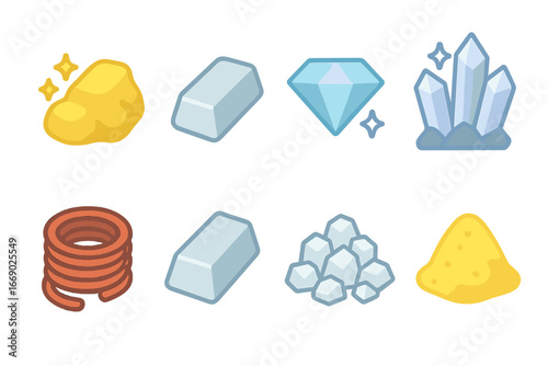 Colorful Mineral Icons. Flat vector mini-illustrations mineral raw materials in colors children's illustrations: gold nugget,