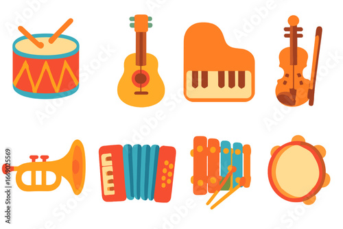 Colorful Musical Instruments. Flat vector mini-illustrations musical instruments in colors children's illustrations: drum, guitar,