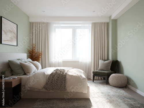 A serene bedroom interior, ...