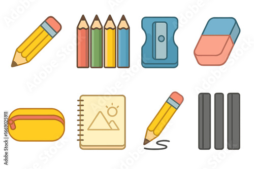 Colorful Pencil Icons. Flat vector mini-illustrations pencil in colors children's illustrations: sharpened pencil, colored pencils