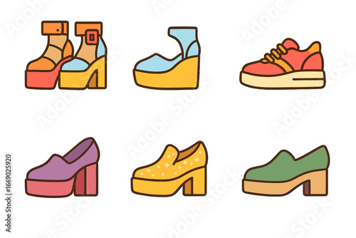 Colorful Platform Shoes Grid. Flat vector mini-illustrations platform shoes in colors children's illustrations: high platform