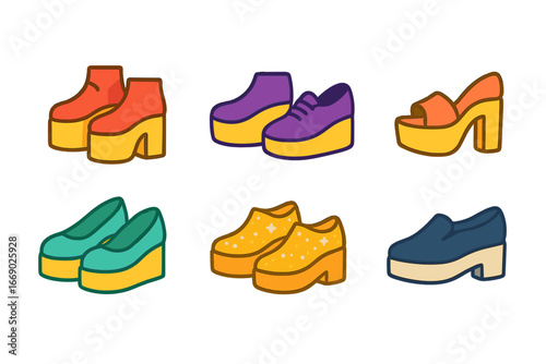 Colorful Platform Shoes Grid. Flat vector mini-illustrations platform shoes in colors children's illustrations: high platform