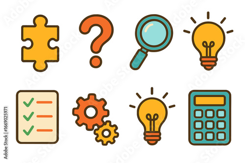 Colorful Problem Solving Icons. Flat vector mini-illustrations problem solving in colors children's illustrations: puzzle piece,