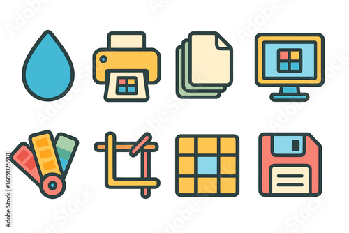 Colorful Printing Icons. Flat vector mini-illustrations printing icons in colors children's illustrations: ink droplet, printer
