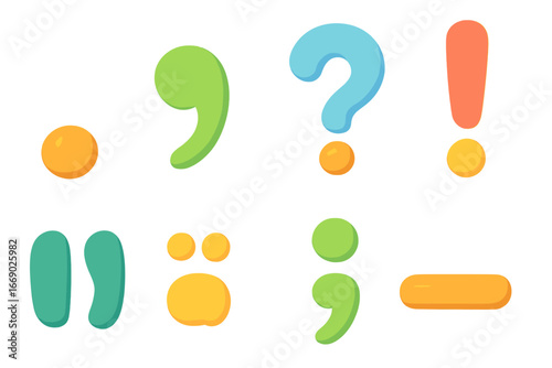 Colorful Punctuation Icons. Flat vector mini-illustrations sentence punctuation in colors children's illustrations: period, comma,