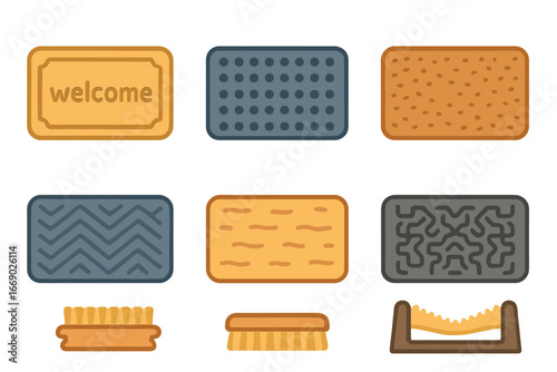 Colorful Shoe Mats. Flat vector mini-illustrations shoe mat in colors children's illustrations: welcome mat, rubber shoe mat, coir