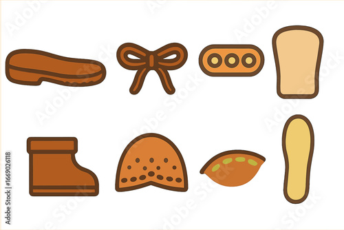 Colorful Shoe Parts. Flat vector mini-illustrations oxford shoe parts in colors children's illustrations: shoe sole, laces,