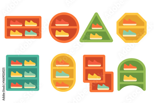 Colorful Shoe Rack Shapes. Flat vector mini-illustrations shoe rack shapes in colors children's illustrations: rectangular shoe