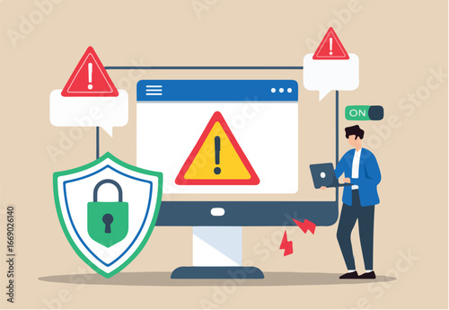 Flat illustration of security expert activating antivirus software on computer with malware blocked warning	
