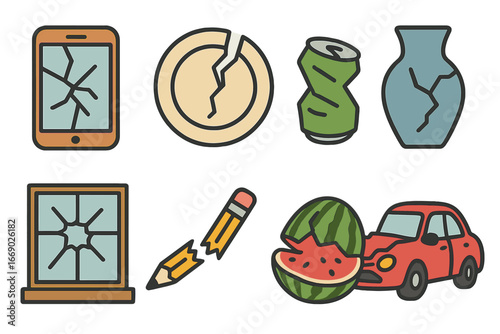 Colorful Smashed Objects. Flat vector mini-illustrations smashing objects in colors children's illustrations: smashed phone,