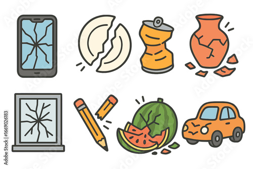Colorful Smashed Objects. Flat vector mini-illustrations smashing objects in colors children's illustrations: smashed phone,