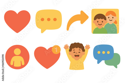 Colorful Social Icons Grid. Flat vector mini-illustrations social notifications in colors children's illustrations: likes icon,