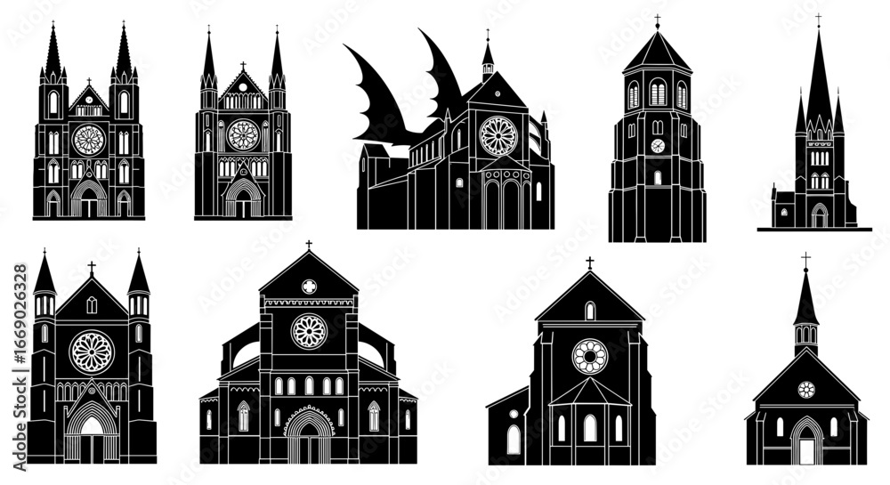 Fototapeta premium Gothic Churches Collection: Architectural Silhouettes with a Bat