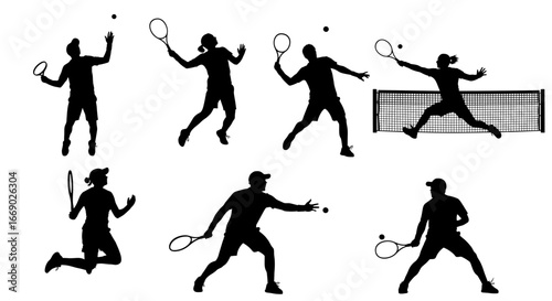 Dynamic Tennis Players Silhouettes in Action Poses on a White Background