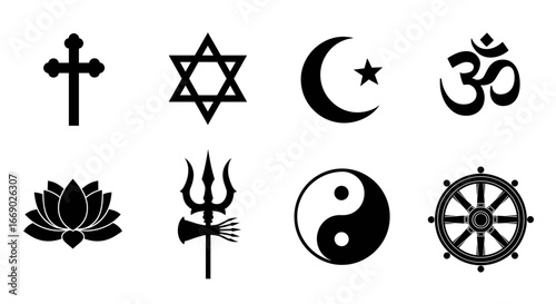 Diverse symbols representing various world religions in minimalist black and white