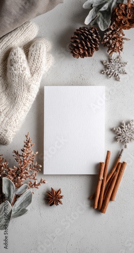Winter stationery mockup, cozy flatlay, neutral background, greeting card design