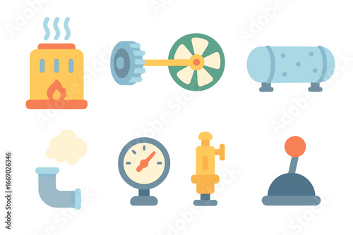 Colorful Steam Turbine Icons. Flat vector mini-illustrations steam turbines in colors children's illustrations: boiler, turbine
