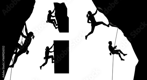 Rock Climbers Silhouettes on Cliff Faces, Extreme Sport Concept