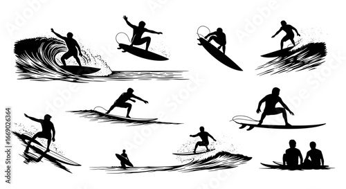 Surfing Silhouettes: Black and White Collection of Waves and Riders
