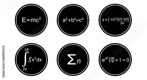 Black and White Math Formulas on Circles Set over White