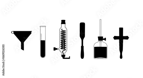 Alchemical still life with laboratory equipment and gothic cross symbols.