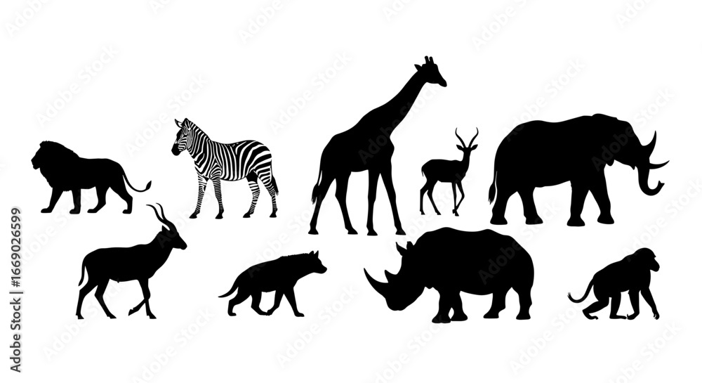 Fototapeta premium Majestic African Wildlife Silhouettes: A Striking Collection on White