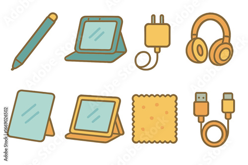 Colorful Tablet Accessories. Flat vector mini-illustrations tablet accessories in colors children's illustrations: stylus pen,