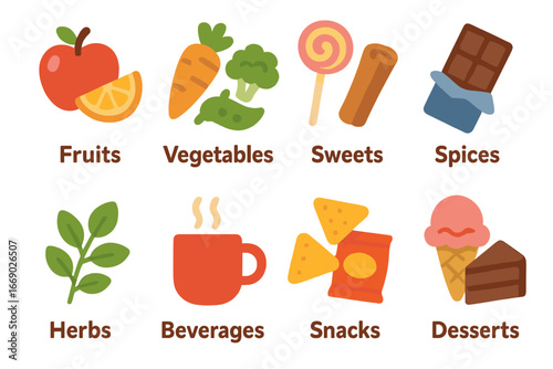 Colorful Taste Icons. Flat vector mini-illustrations taste categories in colors children's illustrations: fruits, vegetables,