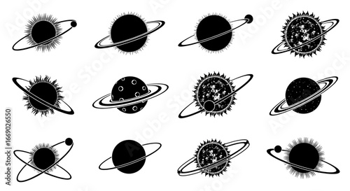 Assorted Planets and Celestial Bodies with Rings Graphic Design