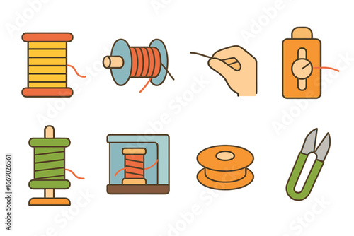 Colorful Thread Icons. Flat vector mini-illustrations thread winding in colors children's illustrations: winding spool, bobbin