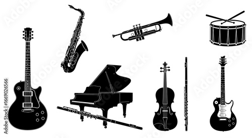 Musical instrument silhouettes arranged, showcasing diverse black and white instruments