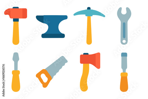 Colorful Tool Icons. Flat vector mini-illustrations work tools striking in colors children's illustrations: hammer, anvil, pickaxe