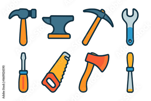 Colorful Tool Icons. Flat vector mini-illustrations work tools striking in colors children's illustrations: hammer, anvil, pickaxe