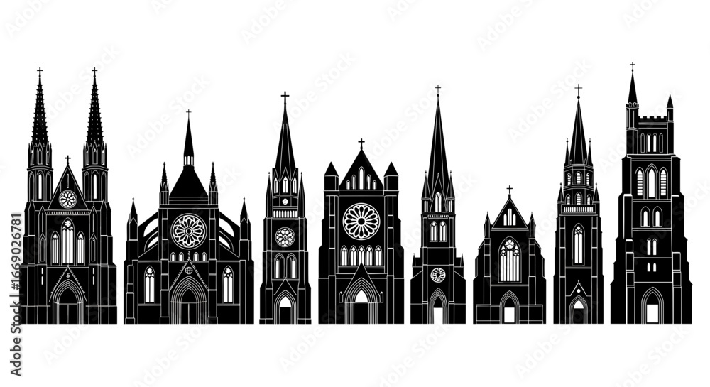 Fototapeta premium Ornate Black and White Church Silhouettes Against a Clear White Backdrop
