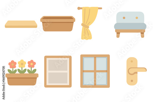 Colorful Window Icons. Flat vector mini-illustrations window-related household objects in colors children's illustrations: