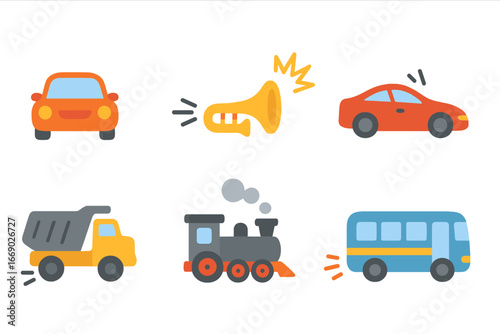 Colorful Vehicle Sounds. Flat vector mini-illustrations vehicle sounds in colors children's illustrations: honk, beep, vroom,