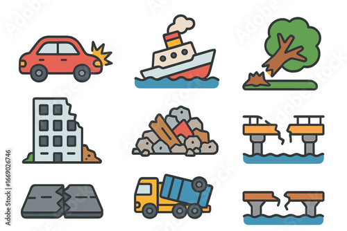 Colorful Wrecks Grid. Flat vector mini-illustrations wreck scenes in colors children's illustrations: crashed car, broken ship,