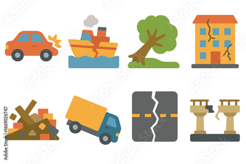 Colorful Wrecks Grid. Flat vector mini-illustrations wreck scenes in colors children's illustrations: crashed car, broken ship,