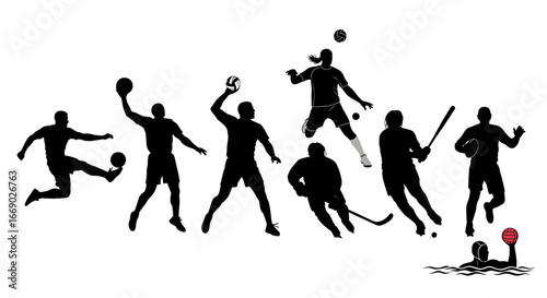 Diverse sports silhouette collage showing active athletic players in action