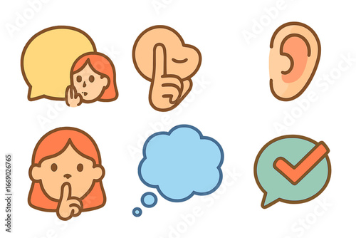Colorful Whisper Icons. Flat vector mini-illustrations whispering in colors children's illustrations: whisper bubble, finger on