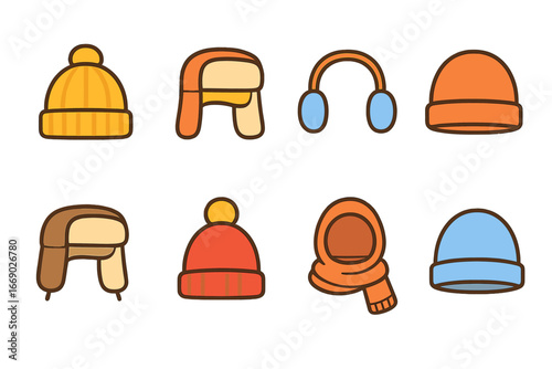 Colorful Winter Hats. Flat vector mini-illustrations winter hats in colors children's illustrations: knitted beanie, fur hat,