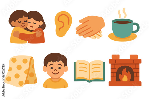 Comforting Icons Collection. Flat vector mini-illustrations comforting mourning in colors children's illustrations: warm hug,