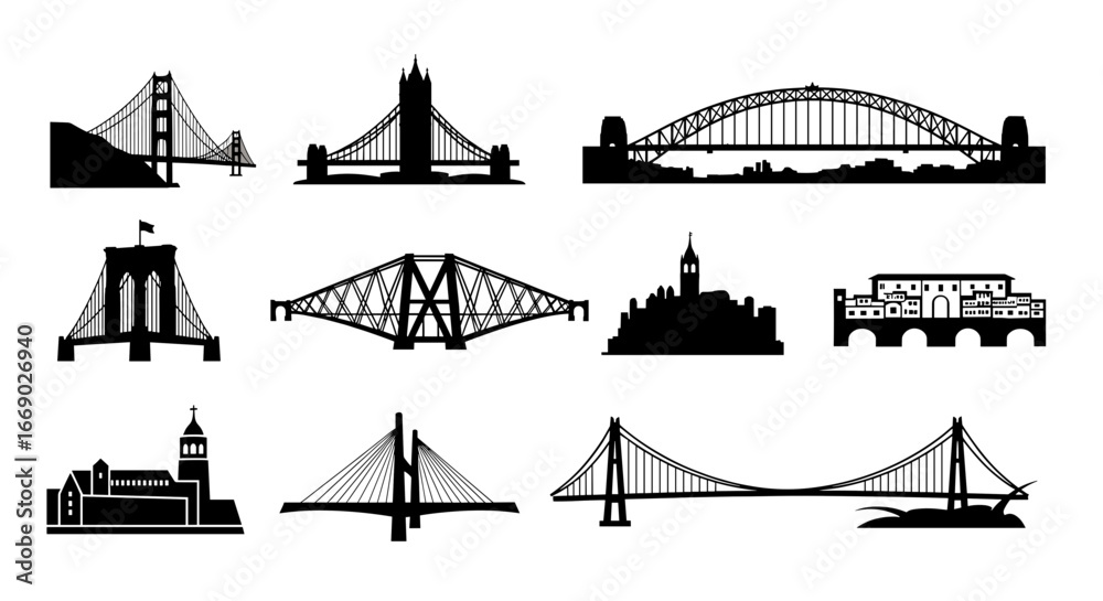 Obraz premium Iconic World Landmarks and Bridges Silhouetted in Black and White