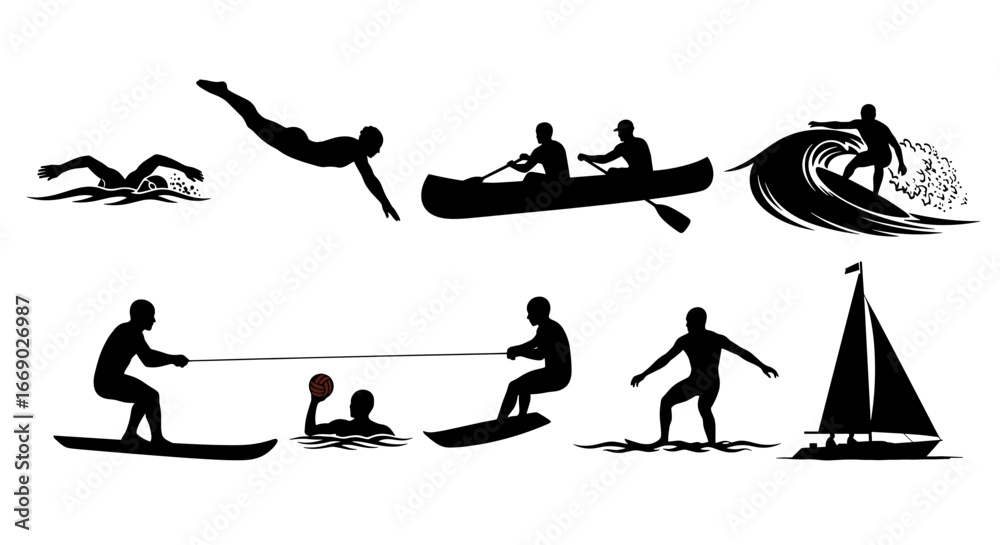 Naklejka premium Diverse aquatic sports silhouette illustration on a white background