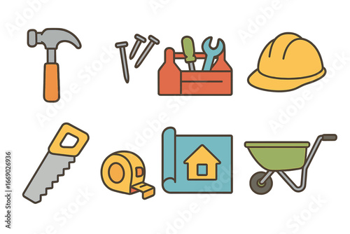 Construction Tools Icons. Flat vector mini-illustrations collapse and construction in colors children's illustrations: hammer,