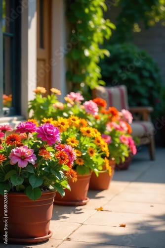 Vibrant colorful flowers blooming in terracotta pots  adding a splash of nature to a sunny patio Perfect for spring  summer  home decor  and gardening websites   botany  outdoor scene