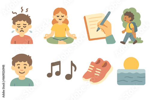 Coping Strategies Icons. Flat vector mini-illustrations mental breakdown and coping in colors children's illustrations: deep